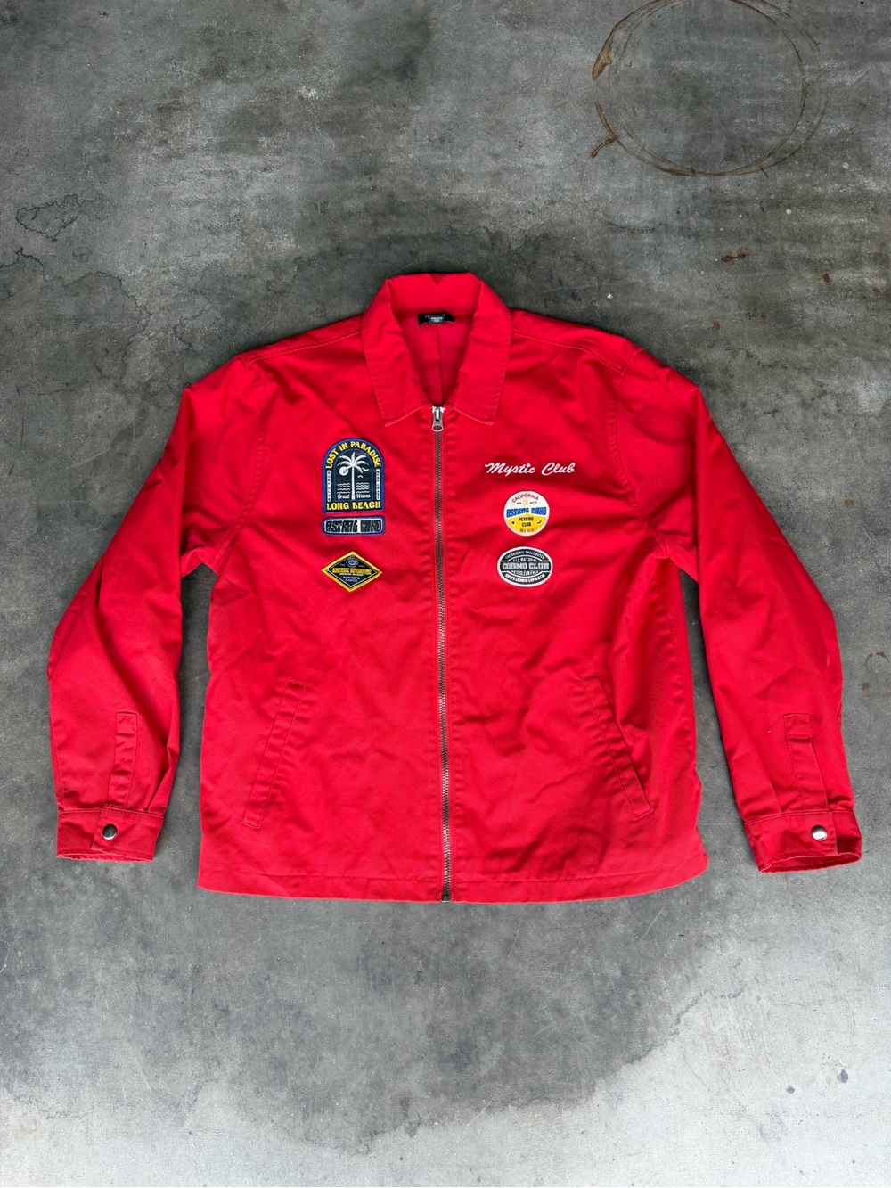 Forever 21 Men Vintage Gasoline Zip Chore Jacket Size Large Embroidered Patch